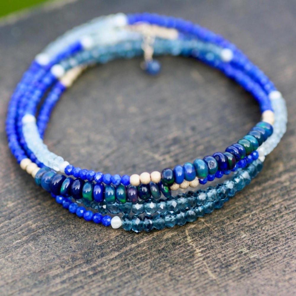 New Handmade Lapis Lazuli Aquamarine Necklace, 14k Gold Filled Wrap Bracelet
